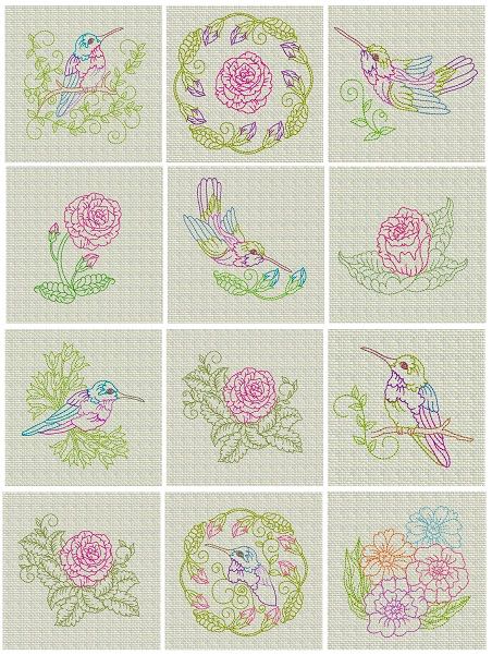 Hummingbird_redwork_flowers_embroidery_designs_Spring_ Flowers_ colorline