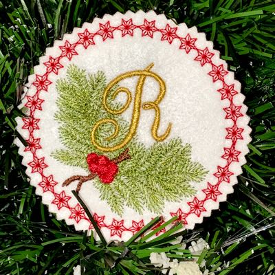 Monogram_Christmas_alphabet_R_embroidery_Pine_Bough_Ornament_design