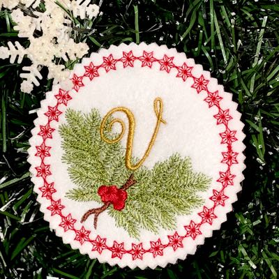 Monogram_Christmas_alphabet_V_embroidery_Pine_Bough_Ornament_design