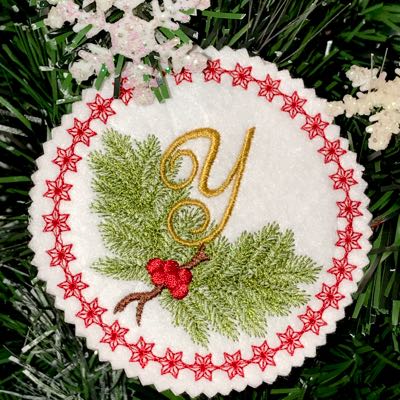 Monogram_Christmas_alphabet_Y_embroidery_Pine_Bough_Ornament_design