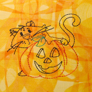 HALLOWEEN CAT AND PUMPKIN REDWORK 4X4